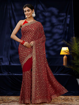 Libas - Women Red Floral Embroidered Saree