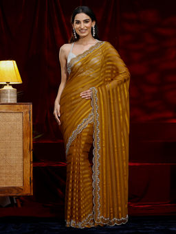 Libas - Women Mustard Striped Stone Work Saree