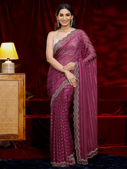 Libas - Women Wine Striped Stone Work Saree