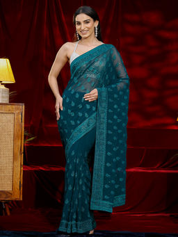 Libas - Women Teal Embroidered Stone Work Saree