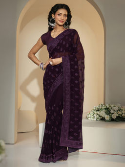 Libas - Women Purple Embroidered Stone Work Saree