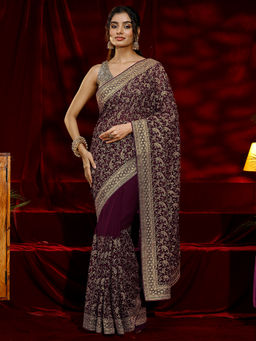 Libas - Women Burgundy Embroidered Thread Work Saree