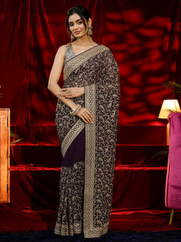Libas - Women Dark Purple Embroidered Thread Work Saree