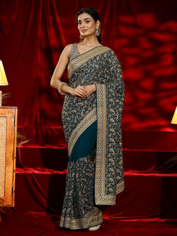 Libas - Women Teal Embroidered Thread Work Saree