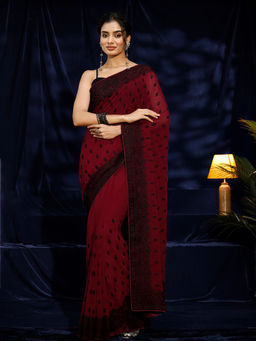 Libas - Women Blood Red Floral Embroidered Saree