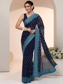 Libas - Women Navy Blue Floral Embroidered Saree