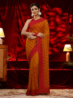Libas - Women Mustard Floral Embroidered Saree