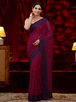 Libas - Women Dark Pink Floral Embroidered Saree