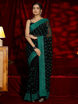 Libas - Women Black-Green Floral Embroidered Saree