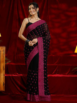 Libas - Women Black-Pink Floral Embroidered Saree