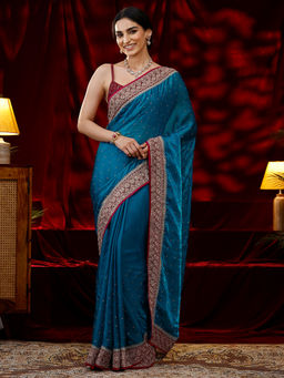 Libas - Women Blue Embroidered Stone Work Saree