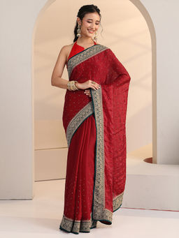 Libas - Women Red Embroidered Stone Work Saree