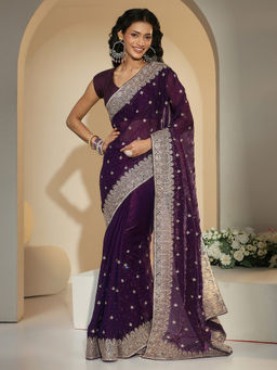 Libas - Women Purple Stone Work Embroidered Saree