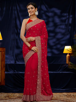 Libas - Women Red Stone Work Embroidered Saree