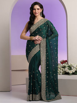 Libas - Women Green Embroidered Stone Work Saree