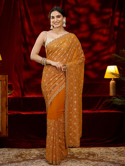 Libas - Women Mustard Floral Embroidered Saree
