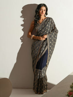 Libas - Women Navy Blue Floral Embroidered Saree