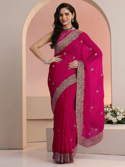 Libas - Women Fuchsia Pink Embroidered Stone Work Saree