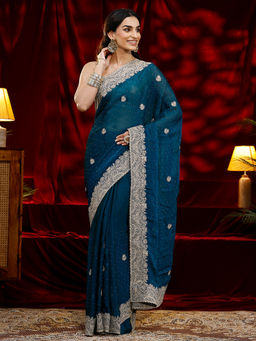 Libas - Women Blue Embroidered Stone Work Saree