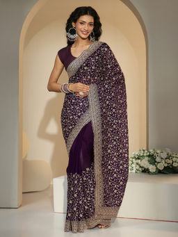 Libas - Women Purple Floral Embroidered Saree