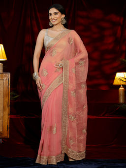 Libas - Women Peach Embroidered Stone Work Saree