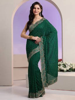 Libas - Women Green Embroidered Stone Work Saree