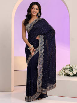 Libas - Women Navy Blue Embroidered Stone Work Saree