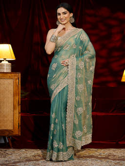 Libas - Women Green Floral Embroidered Saree