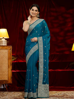 Libas - Women Blue Embroidered Stone Work Saree