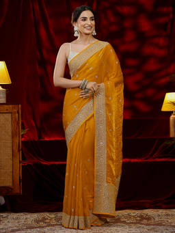 Libas - Women Mustard Embroidered Stone Work Saree