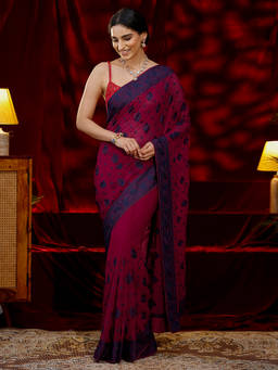 Libas - Women Dark Pink Embroidered Stone Work Saree