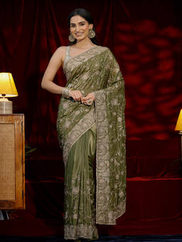 Libas - Women Olive Floral Embroidered Stone Work Saree