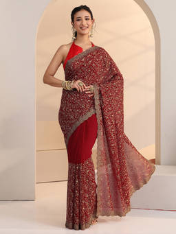 Libas - Women Red Floral Embroidered Saree