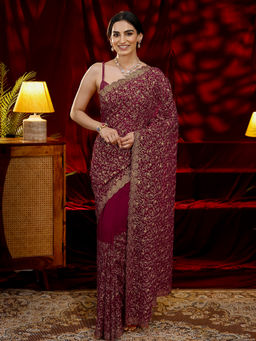 Libas - Women Dark Pink Floral Embroidered Saree