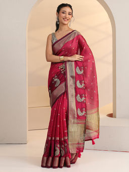 Libas - Women Rani Pink Woven Embroidered Stone Work Saree