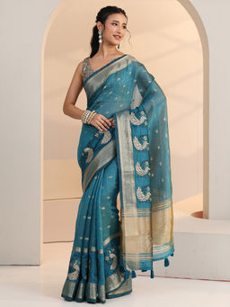 Libas - Women Blue Woven Embroidered Stone Work Saree