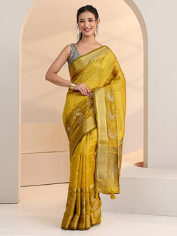 Libas - Women Yellow Woven Embroidered Stone Work Saree