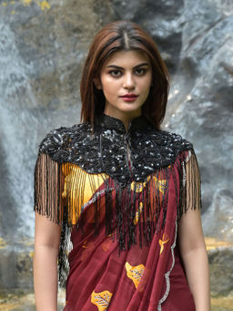 Odette - Women Black Sequins and Beads Embellished Cape