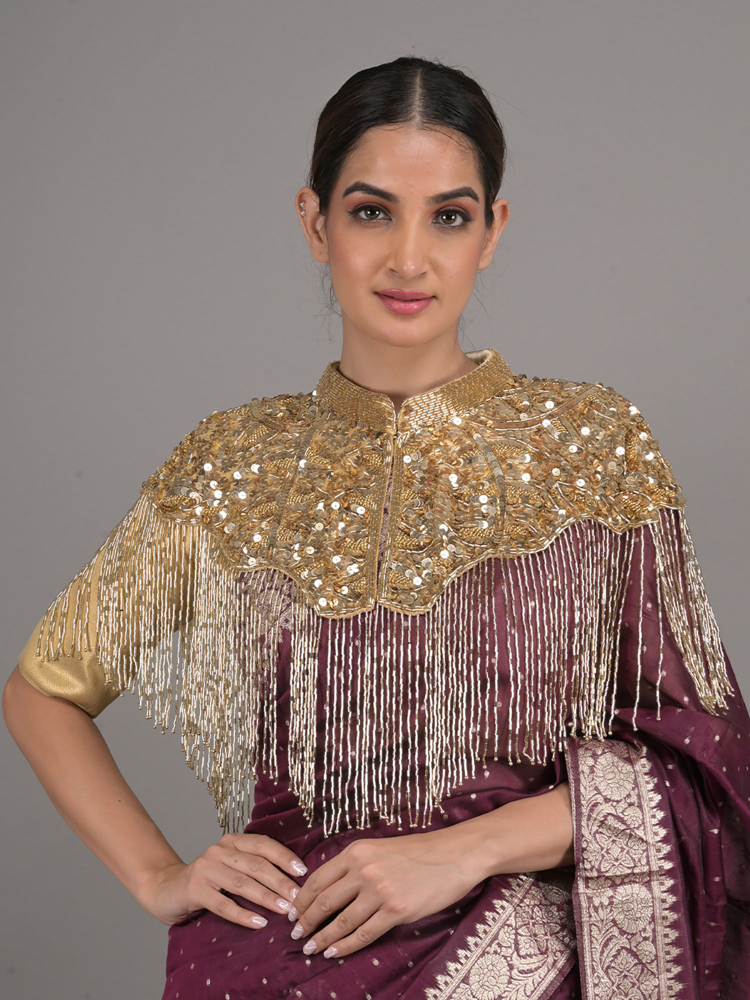 odette Women Gold Sequins and Beads Embellished Cape-picture-19