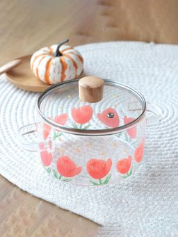 Ekhasa - Transparent Tulip Printed Borosilicate Glass Cookware Pot with Lid