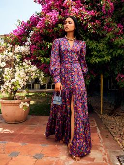 MEDHA BATRA - Floral Long Print Dress with Center Slit