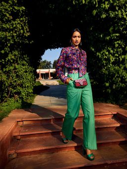 MEDHA BATRA - Multi Floral Pleated Shirt with Solid Green Color Pant (Set of 3)