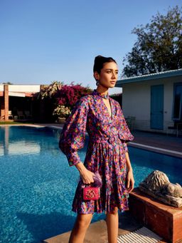 MEDHA BATRA - Multi Floral Printed Gathered Short Dress (Set of 2)