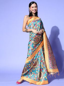 Odette - Khadi Silk Blue Printed Designer Saree with Unstitched Blouse