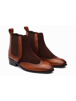 DABLR SHOES - Lyon - Brown Suede Tan Leather Cuban Heel Boot