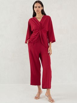 Femmella - Red Twisted Knot Detailing Co-Ord (Set of 2)