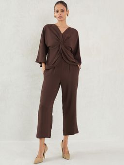 Femmella - Coffee Brown Twisted Knot Detailing Co-Ord (Set of 2)