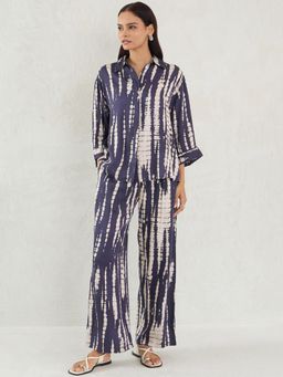 Femmella - Navy Abstract Print Satin Co-Ord (Set of 2)