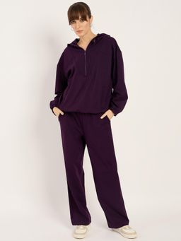 Femmella - Deep Purple Half Zip Up Hooded Travel Co-Ord (Set of 2)