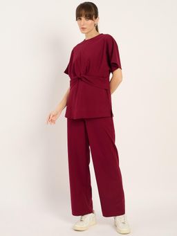Femmella - Maroon Knot Detailing Travel Co-Ord (Set of 2)